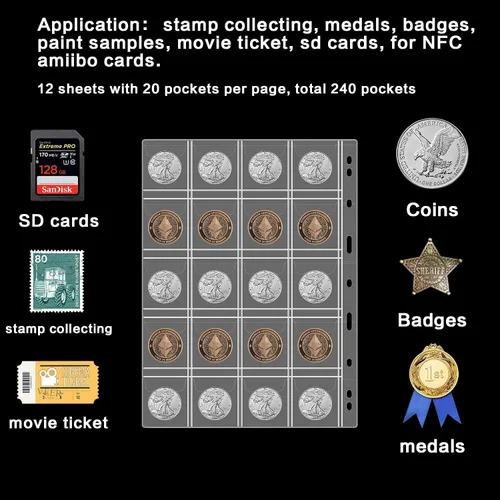 Miniatura 5 de ANKHOH Páginas de colección, página de bolsillo para monedas con 240 bolsillos, fundas para carpetas de monedas con 9 agujeros estándar para álbum