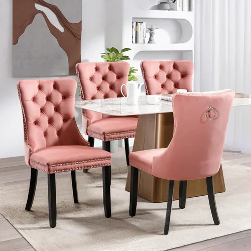 Miniatura 61 de SoarFlash Juego de 2 sillas de comedor de tela de lino, sillas de comedor tapizadas con ribete de cabeza de clavo y patas de madera de color claro
