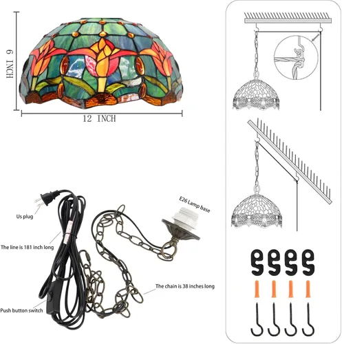 Miniatura 2 de Tiffany - Lámpara colgante con enchufe, lámpara colgante de vitrales de 12 pulgadas, cadena de 39 pulgadas, cable de 15 pies para sala de estar