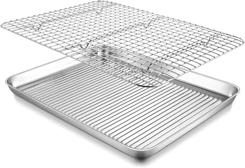 Miniatura 10 de P&P CHEF Bandeja para horno tostador con rejilla de alambre, bandeja para hornear de acero inoxidable, bandeja para tocino y rejilla de enfriamiento