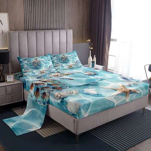Miniatura 16 de Erosebridal Juego de sábanas de ballena náutica, tamaño individual, juego de ropa de cama vintage azul con ondas oceánicas para niños y niñas