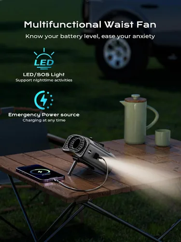 Miniatura 5 de Ventilador de cintura portátil con clip, 4 velocidades, 13000 rpm, fuerte flujo de aire con batería de 10000 mAh y carga móvil, ventilador de camisa