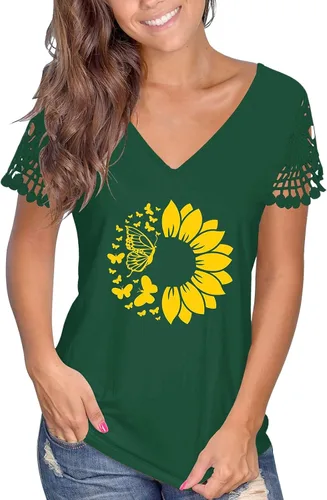 Women V Neck Short Sleeve T Shirt Top Casual Slim Fit Summer Outer Wear Sunflower Print Women Tees & Blouses Daily Tunic Tops