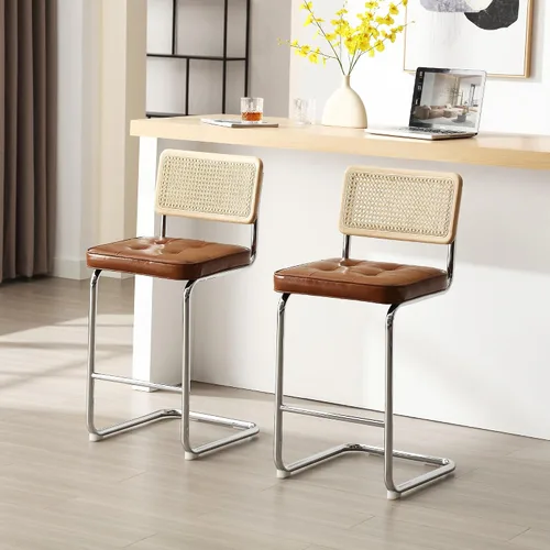 Miniatura 7 de ONEVOG Juego de 3 taburetes de bar de 26 pulgadas de altura de mostrador para cocina, modernas sillas tapizadas de ratán de mediados de siglo
