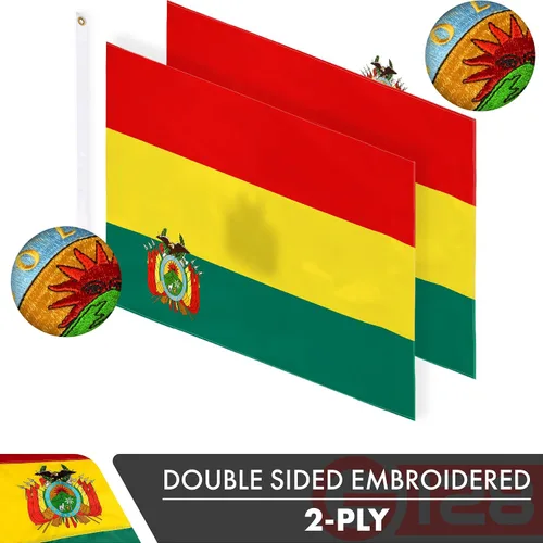 Miniatura 2 de G128 Bandera de Bolivia 3 x 5 pies, serie doble ToughWeave poliéster 210D bordado de doble cara, bandera de país, diseño bordado