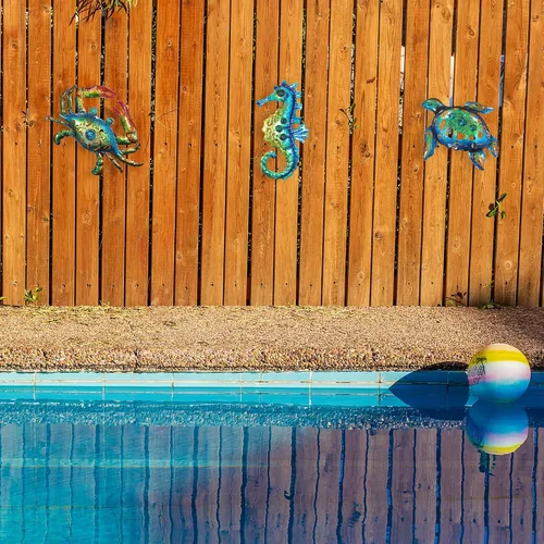 Miniatura 9 de Weibefee Arte de pared de metal con temática de playa de caballito de mar de tortugas marinas y cangrejo para decoración del día de la madre
