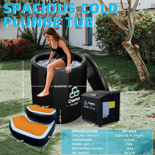 Miniatura 3 de Kit completo de baño de hielo de inmersión en frío, enfriador de baño de hielo de 1/2 HP con bañera fría inflable y escalón inflable antideslizante