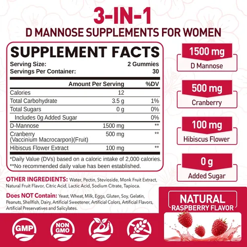 Miniatura 2 de D Manosa con gomitas de arándano, suplementos de D-manosa de 1500 mg para mujeres, con hibisco para la salud del tracto urinario, vejiga, soporte