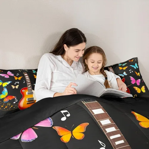 Miniatura 4 de Erosebridal Juego de ropa de cama de guitarra, juego de edredón de notas musicales de mariposa, tamaño individual, juego de edredón de música hip