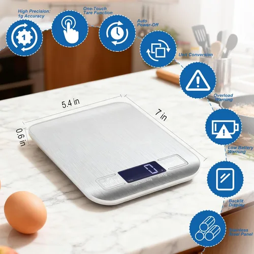 Miniatura 2 de Báscula digital de cocina con precisión de 0.04 oz, capacidad de 11 lb/22 libras y LCD retroiluminado, escala de tara de acero inoxidable