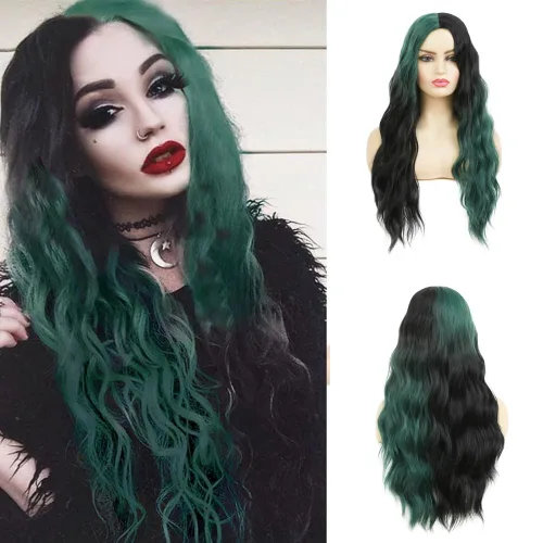 Swiking Pelucas largas de color verde y negro para mujer, pelucas de cabello ondulado natural ombré verde sintético de fibra suave para fiesta,