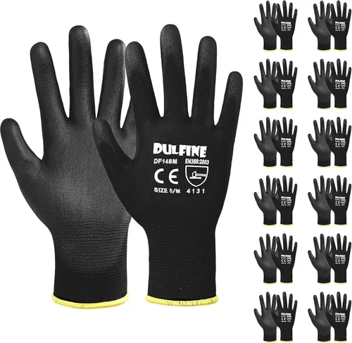 Miniatura 25 de DULFINE Guantes de trabajo de seguridad con revestimiento de poliuretano para hombres y mujeres - 12 pares, guante de punto sin costuras negro