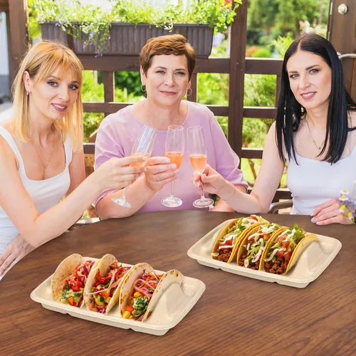 Miniatura 5 de Paquete de 100 soportes desechables para tacos, platos desechables para tacos con divisores, bandejas de papel compostable, juego de servir barra