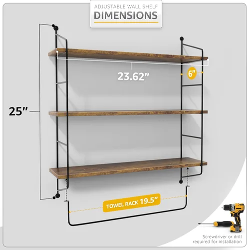 Miniatura 3 de Sorbus Estantes flotantes de baño de 3 niveles para pared, almacenamiento de pared de madera para toallas, armario de almacenamiento sobre el Marrón