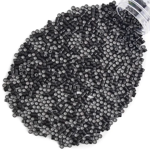 Miniatura 38 de Vlasy 100 Piezas Cuentas de Nano Anillo con Forro de Silicona para Extensiones de Cabello Humano con Nano Anillo 5 Colores Opcionales (Negro)