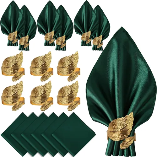 Miniatura 12 de VIJIV Juego de 12 servilletas de tela y juego de 6 anillos de servilleta dorados, 17x17 servilletas de cena cuadradas de satén para mesa, anillos