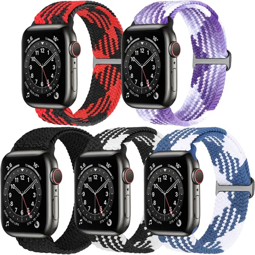 Paquete de 5 correas ajustables compatibles con Apple Watch de 1.496 in 1.575 in 1.614 in 1.654 in 1.732 in 1.772 in 1.929 in, nailon trenzado Solo