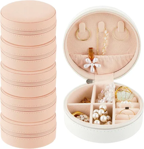 Miniatura 22 de Caja de joyería de viaje de 6 piezas, cajas de regalo de dama de honor, organizador de viaje, pequeño joyero, redondo, mini almacenamiento, piel