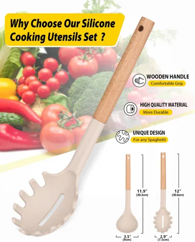Miniatura 2 de Juego de tenedor y cucharón de silicona para pasta con mango de madera, utensilios de cocina antiadherentes resistentes al calor para cocinar, Caqui