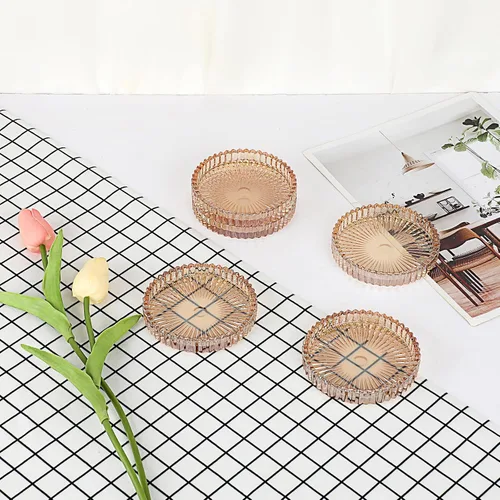 Miniatura 9 de Juego de 5 posavasos modernos transparentes de cristal para bebidas, posavasos redondos y elegantes, bonitos posavasos para mesa de café para Ámbar