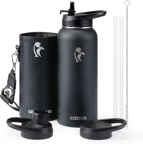 Miniatura 11 de Coolflask Botella de agua de 64 onzas aislada con funda de cuero PU, botella de agua de medio galón con contraste de color y tapa con popote, jarra
