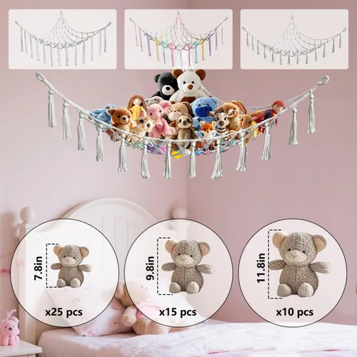 Miniatura 6 de Hamaca esquinera de animales de peluche con ganchos, cama colgante de tela suave para juguetes de peluche, organizador de almacenamiento de Beige