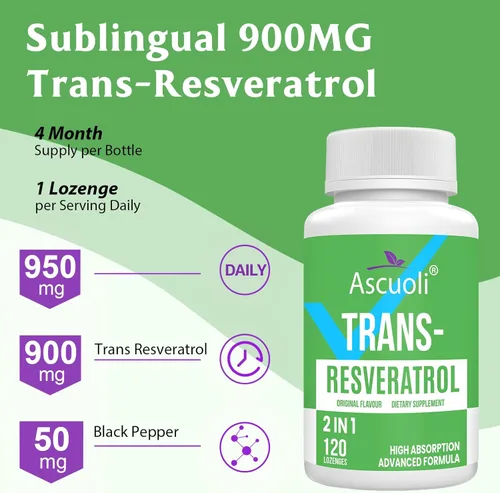 Miniatura 3 de Trans-Resveratrol Sublingual Pureza 99%, Fórmula Avanzada 3 en 1 Suplemento de Resveratrol para Boost NAD +, Apoyo Inmune y Energético, 120