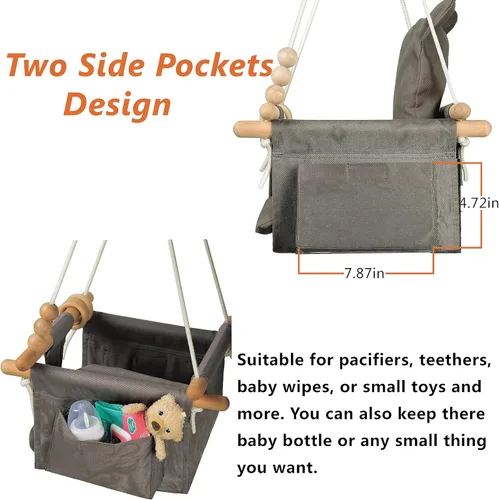 Miniatura 4 de Asiento de columpio colgante para bebé, silla de juguete de lona para niños pequeños con 2 bolsillos laterales para juegos en interiores, deportes