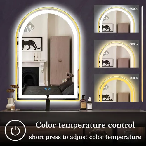 Miniatura 4 de Espejo LED de arco dorado de 16 x 24 pulgadas para baño, pared, maquillaje, mesa, escritorio, espejo de tocador dorado con luces, memoria