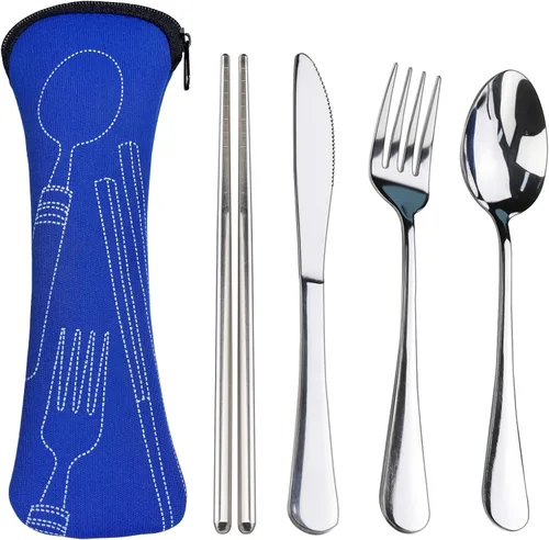 Miniatura 8 de lengnoyp - Juego de 20 utensilios de viaje de alta calidad con estuche, utensilios portátiles reutilizables de acero inoxidable con estuche, juego