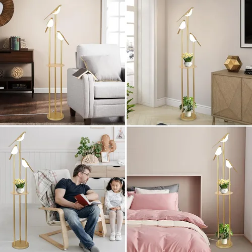 Miniatura 8 de Lámparas de pie doradas para sala de estar, lámpara de pie moderna con estantes, lámpara de pie de mediados de siglo con 3 luces LED de pájaro