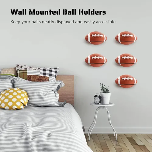 Miniatura 2 de Soportes de fútbol montados en la pared, 5 estantes de exhibición de rugby con tornillos de expansión, soportes de almacenamiento de pelotas