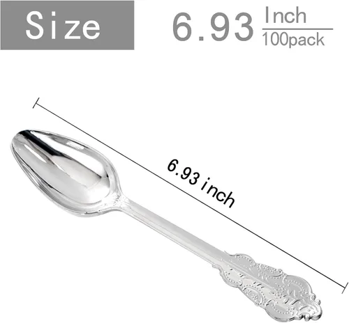 Miniatura 7 de WDF 100 cucharas de plástico plateadas desechables, cubiertos de plata barrocos de 6.93 pulgadas para pastel de postre, cucharas de plástico Rojo