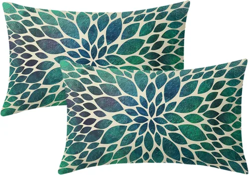 Juego de 2 fundas de almohada de dalia verde azulado de 12 x 20 pulgadas, diseño geométrico floral verde azulado, modernas, abstractas, flores,