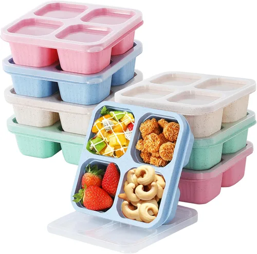 buluker Juego de 8 Recipientes Bento para Aperitivos, Recipientes de Almacenamiento de Alimentos de 4 Compartimentos, Lonchera de Preparación de