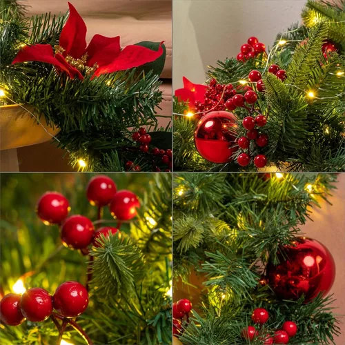 Miniatura 5 de YULETIME Guirnalda de Navidad iluminada de 6 pies, funciona con pilas con 20 luces de hadas, guirnalda artificial, bolas rojas, bayas, flor de Rojo