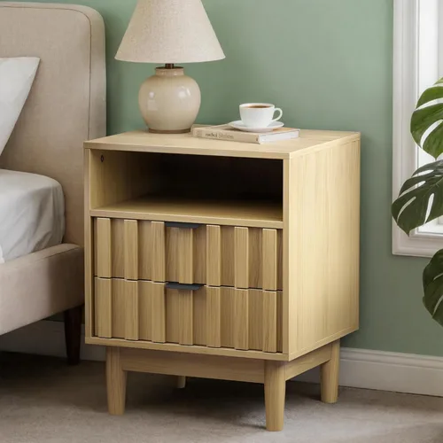 Miniatura 10 de Mesita de noche con 2 cajones de almacenamiento, mesa auxiliar moderna para dormitorio con asa recortada, mesitas de noche grandes para dormitorio