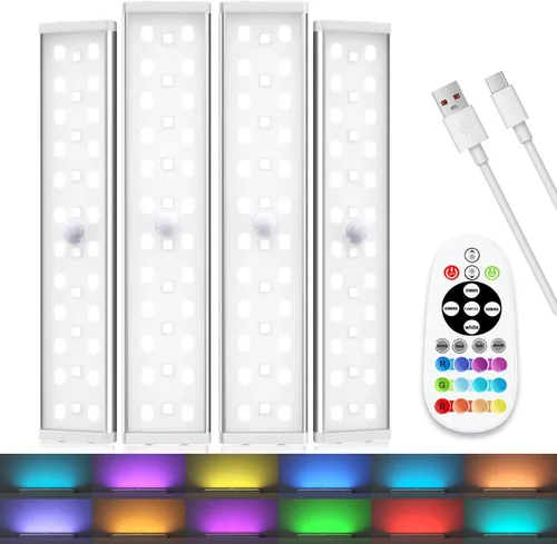 Miniatura 9 de 58 luces LED para debajo del gabinete, luz recargable RGB con sensor de movimiento para interior, luces nocturnas con control remoto, pack de 2