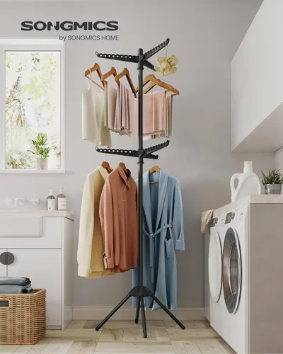 Miniatura 70 de SONGMICS ULLR510B01 - Estante de secado de ropa plegable de 59 pulgadas con 3 brazos giratorios para perchas, 4 patas, acero inoxidable, para 27