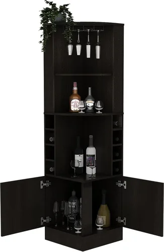 FM FURNITURE The Seattle - Armario esquinero para bar con 3 estantes abiertos, estante de cristal, 8 cubos de botellas y puertas dobles, color negro