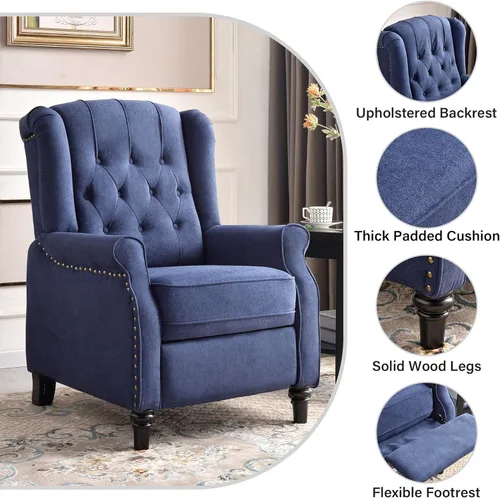 Miniatura 5 de Bonzy Home Sillón reclinable orejero de empuje hacia atrás, sillón tapizado de respaldo alto con patas de madera maciza, decoración con remaches
