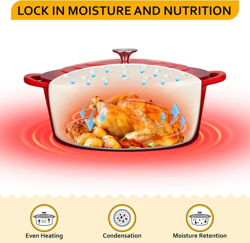 Miniatura 4 de Velaze Olla de horno holandés ovalada esmaltada de 7.5 QT con tapa, horno holandés de hierro fundido con asas duales para hornear pan, cocinar, Rojo