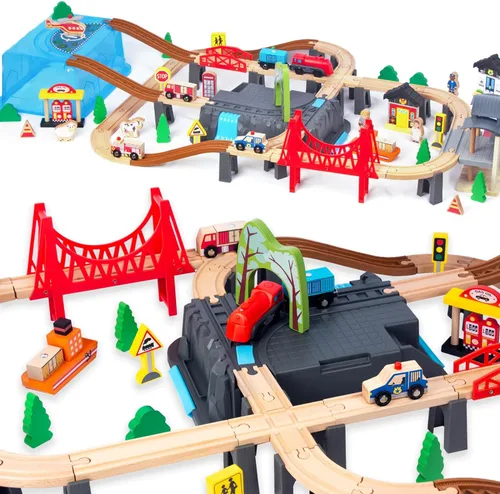 Miniatura 6 de 100 piezas de juego de tren de madera para niños de 3 años, juego de tren de doble cara con pistas, puente, estación de tren y caja de 100