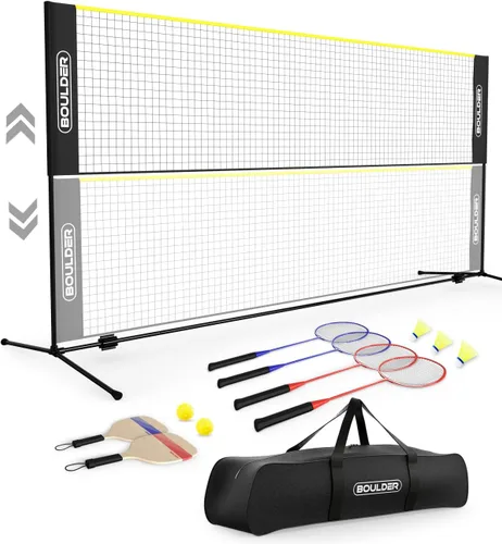 Boulder Sports - Juego de pickleball y bádminton todo en uno, portátil, red ajustable con paletas y raquetas