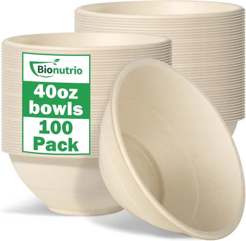 Miniatura 8 de Cuencos de papel grandes desechables de 40 onzas, paquete de 100 unidades, resistentes, compostables, cuencos blancos de caña de azúcar para cereal