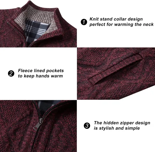 Miniatura 3 de VtuAOL Suéteres tipo cárdigan para hombre, con cremallera completa, cuello alto, cárdigan de punto casual con bolsillos