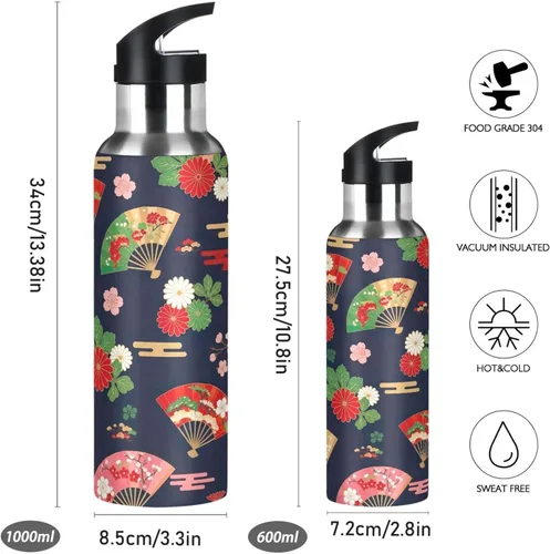Miniatura 2 de Japanese Fans Vintage Stainless Steel Water Bottle 32 Oz Leakproof Water Bottles, BPA-Free Sport Water Bottle Insulated