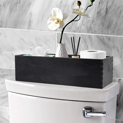 Miniatura 4 de LotFancy Caja de decoración de baño, paquete de 2 soportes de papel higiénico de madera, cesta de almacenamiento de tanque de inodoro negro, parte