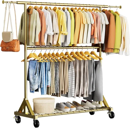 Miniatura 13 de Luxspire Perchero de doble barra para colgar ropa, perchero con ganchos laterales, estantes inferiores, ruedas de 360°, percheros para dormitorio