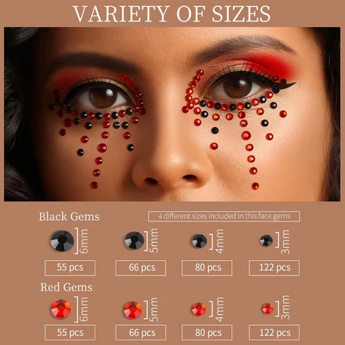 Miniatura 6 de Teenitor Gemas Rojas y Negras para la Cara Diamantes de Imitación Negros para la Cara Maquillaje Festival Joyas para la Cara Rojas Gemas Adhesivas